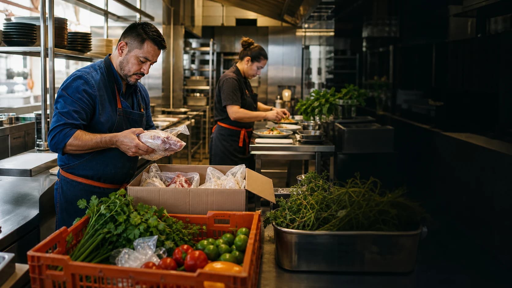 Equipo de cocina recibiendo insumos y preparando platos en un restaurante