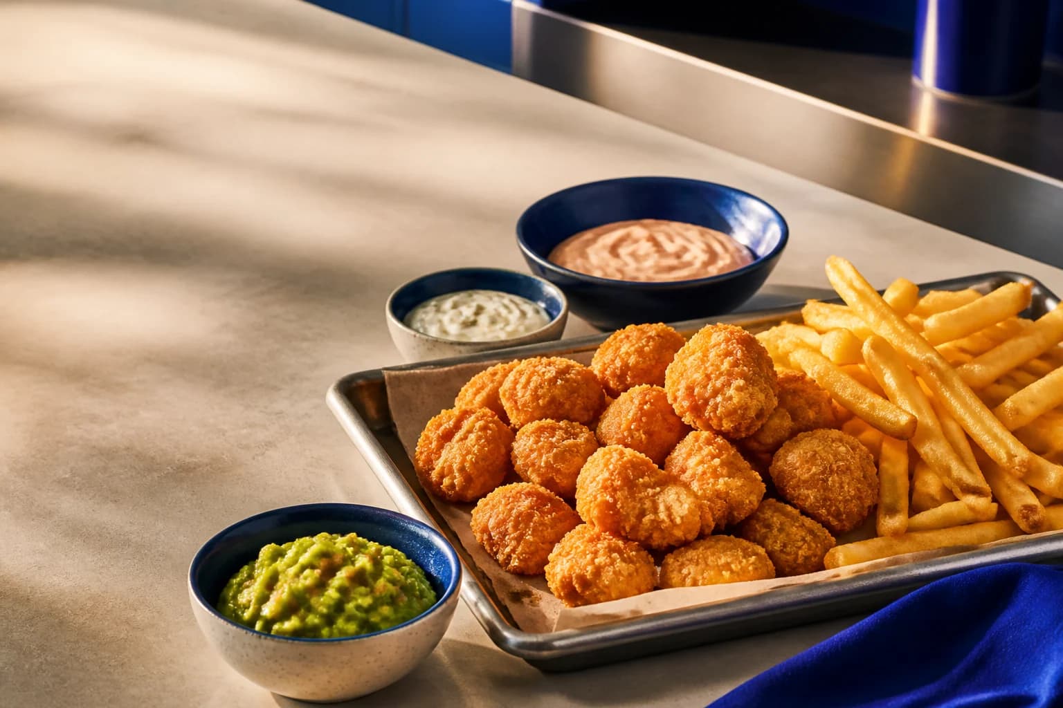 Nuggets dorados con papas, guacamole y salsas listos para servir