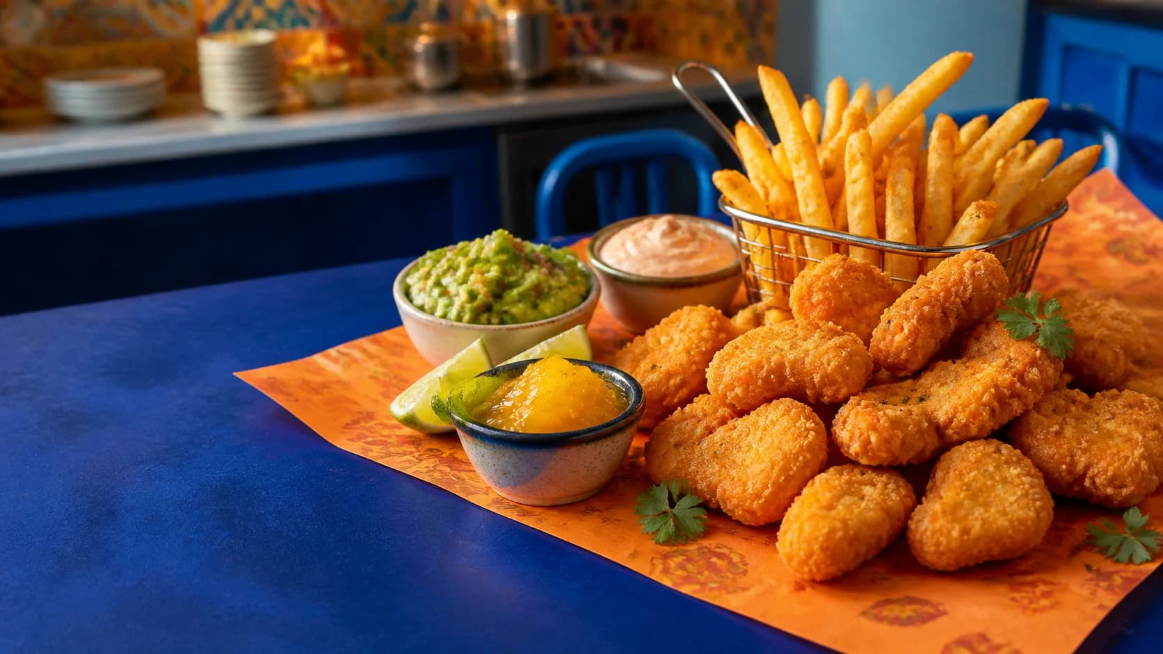 Mesa con nuggets dorados, papas y salsas para compartir
