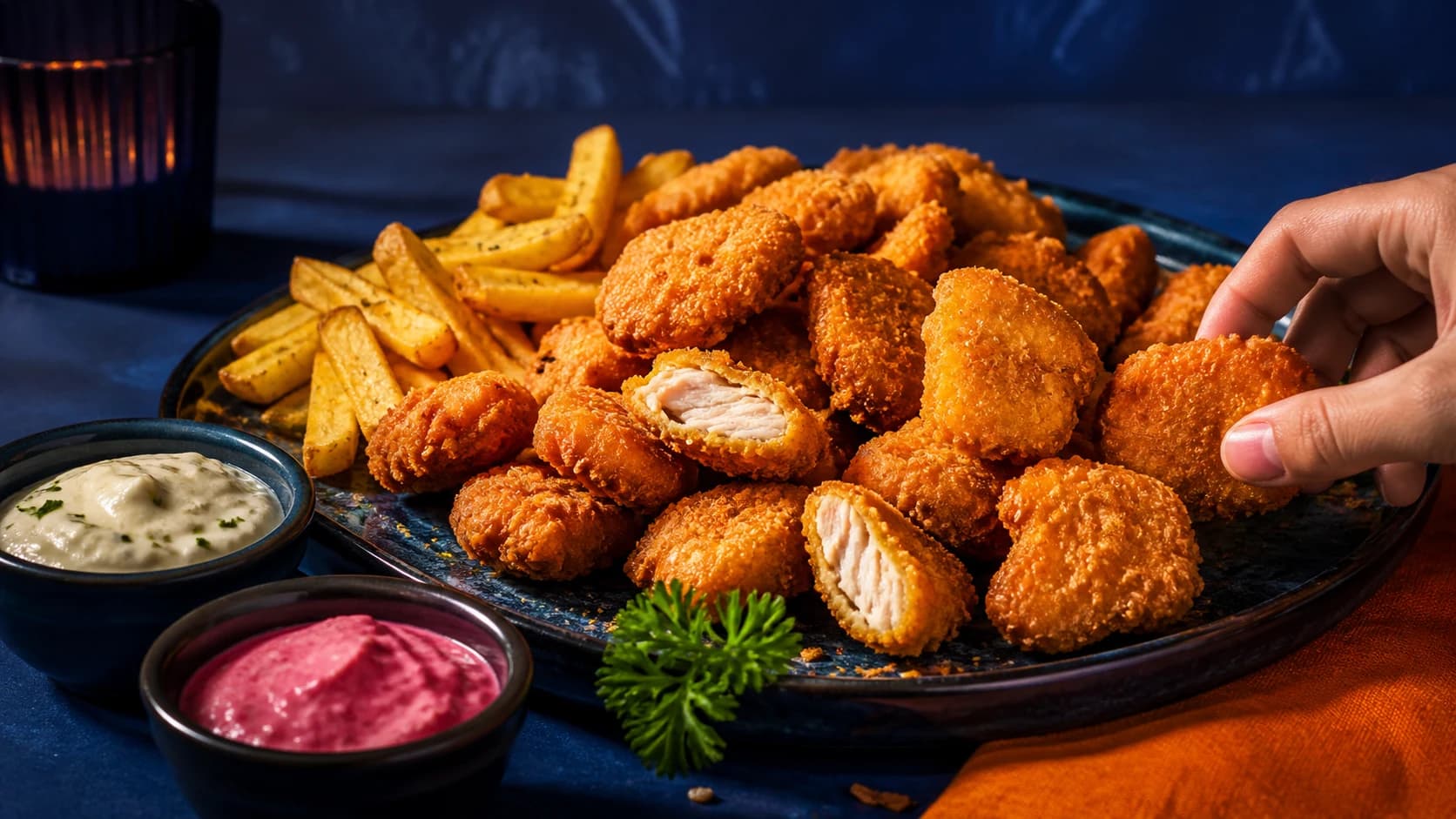 Nuggets dorados con papas y salsas listos para compartir