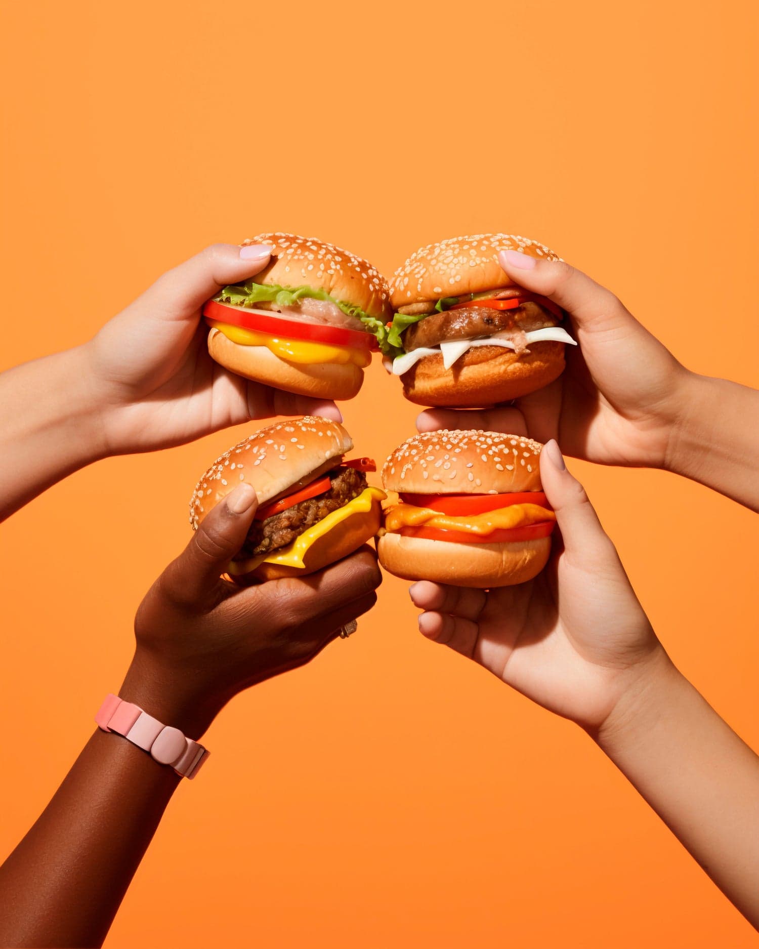 Varias personas compartiendo hamburguesas preparadas con productos de marcas aliadas